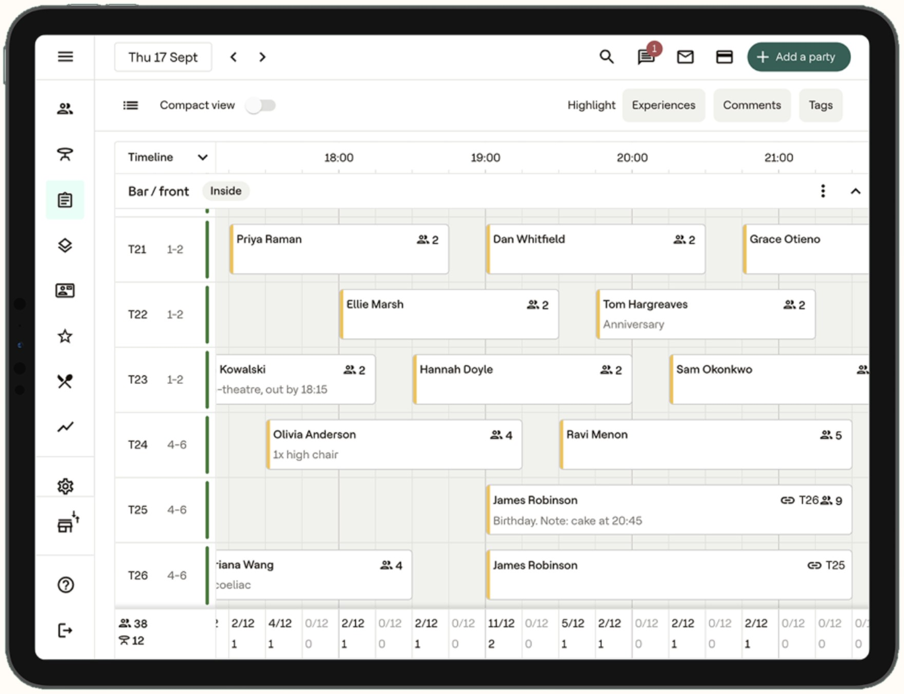 Bookings and table management dashboard